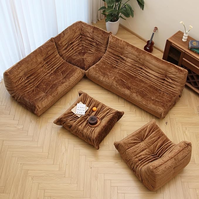 N&V Fireside Chair, Mid Century Armless Floor Sofa, Soft Premium Chenille Floor Lounge Chair, Foam Sofa Accent Chair for Living Room Bedroom and Office (Brown, Single)
