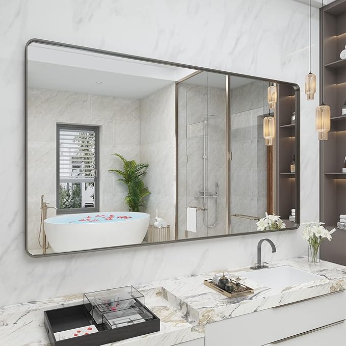 60x36 Bronze Bathroom Vanity Mirror for Wall, Large Bronze Frame Mirror with Brushed Metal Frame, Rounded Rectangle Mirror, Shatterproof, Anti-Rust (Horizontal/Vertical)