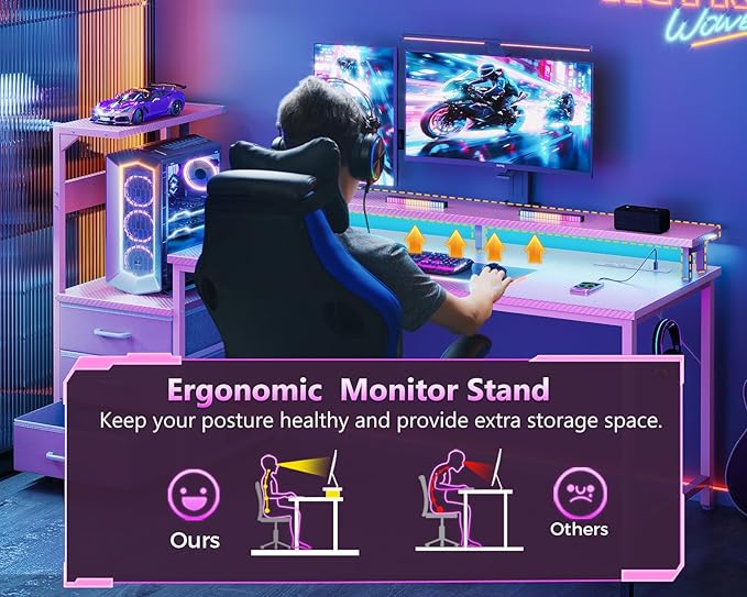 AODK 52 Inch Gaming Desk with USB Charging Ports & LED Light- Reversible Computer Desk with Storage Shelves & Monitor Stand, Modern Gamer Desk Table with Fabric Drawers & Side Hook, Carbon Fiber Pink