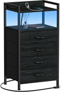 Furnulem Night Stand with Charging Station, Black Nightstand with Drawers and Led Light, Tall Dresser for Bedroom, Bedside Table with Fabric Storage Bins, Metal Frame, Wood Furniture