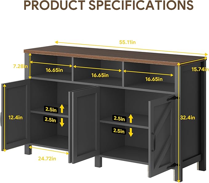 Buffet Sideboard with Storage Farmhouse with 4 Doors, 55'' Large Kitchen Storage Cabinet Wood Coffee Bar Cabinet Buffet Table with Shelves for Kitchen, Dining Room, Entryway (Black, 55 in)
