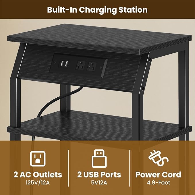 Tall End Table with Storage, 3-Tier Small Bedside Table with Charging Station, Narrow Side Table Stand, Space-Saving Nightstand for Living Room, Bedroom,Office, Black