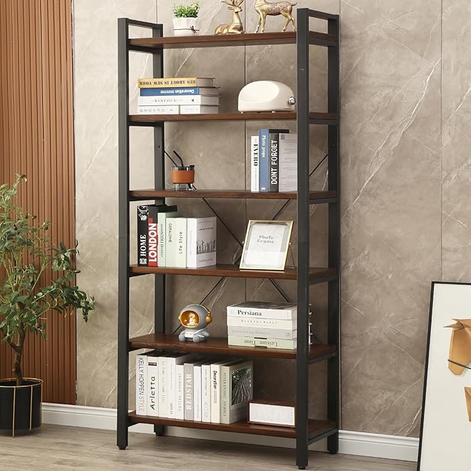WH-AOERPYMY Natural Real Wood Bookcase,Industrial Bookshelf,6 Tier Solid Wood Open Book Shelf Storage,Metal Shelving Unit,Farmhouse Wide Etagere Bookcase for Office Living Bedroom (6 Tiers)