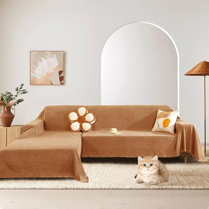 STACYPIK Burnt Orange Chenille Couch Cover, Modern Tangerine Sofa Covers for 3 Cushion Couch, Lovetseat Cover for Sectional, Non Slip L Shaped Covers Pets-Scratch Sofa Slipcover with Tassels-91X150IN