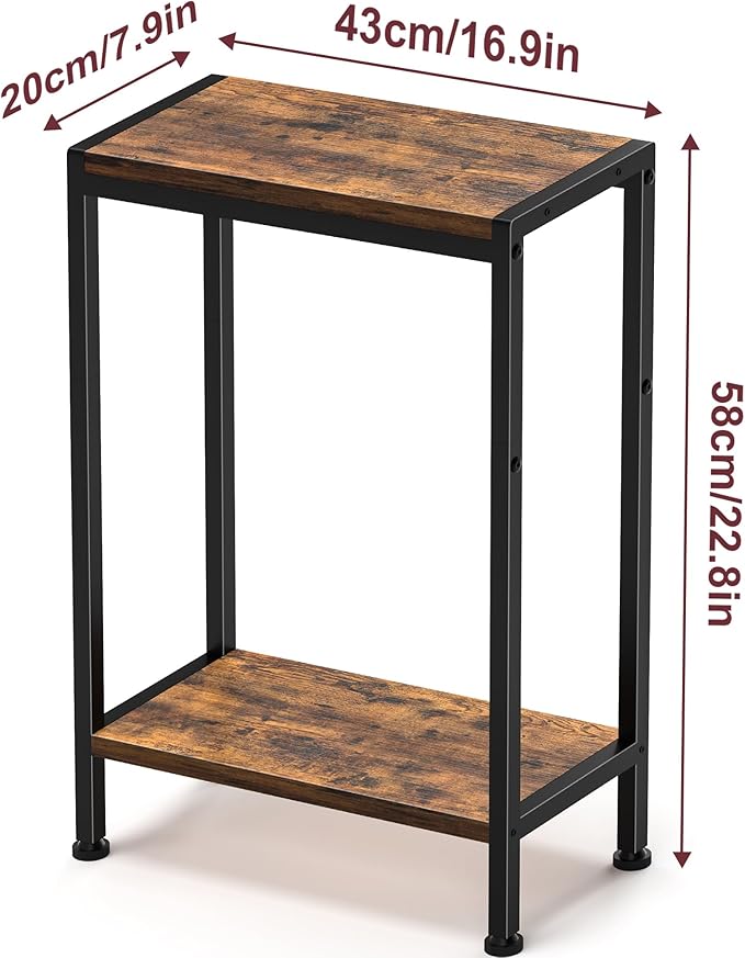 Narrow Side Table for Small Space, 2-Tier Small End Table with Shelf Holder, Slim Nightstand, Skinny Snack Couch Table in Living Room, Bedroom, Study, Kitchen and Balcony (Rustic Brown)