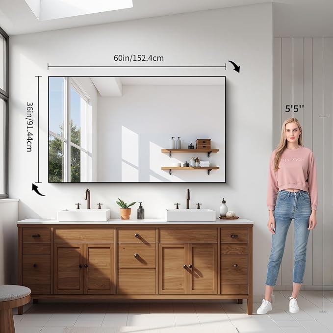 YIROMAN Bathroom Mirror 60"x36", Large Brushed Gold Bathroom Mirror for Over Sink with Aluminum Frame, Rectangular Vanity Mirror with Right Angle, Wall Mirror Hangs Horizontal or Vertical