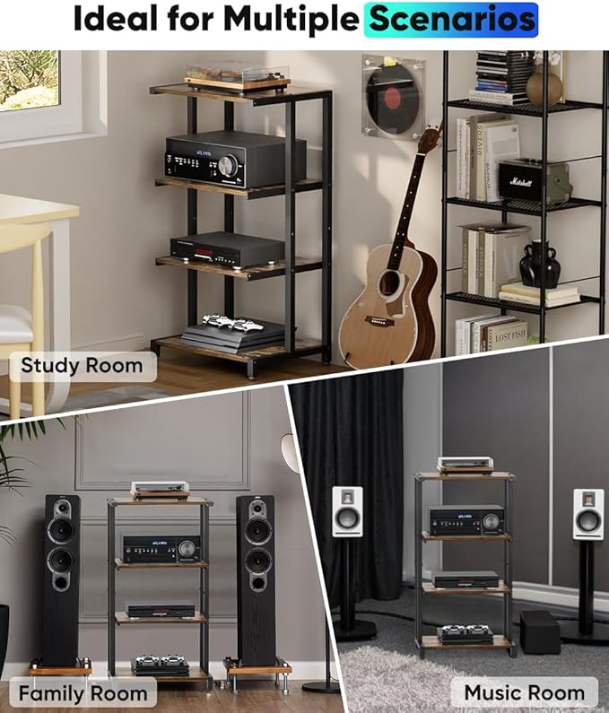 4-Tier Wooden Media Stand, AV Media Stand Corner Shelf for TV Accessories/Audiovisual Equipment/Optical Disc/PS4, Audio Storage Rack for Living Room, Gaming Room, Music Studio, Black
