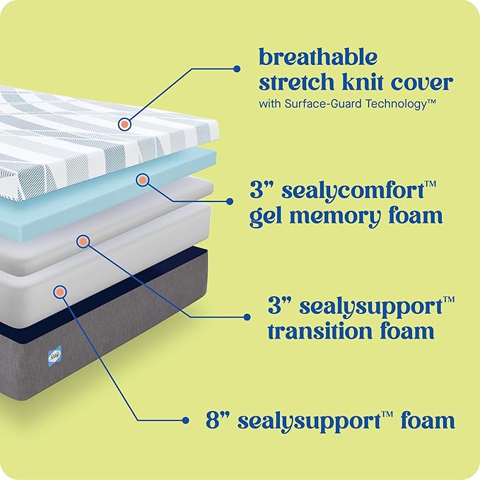 Sealy Dreamlife 14” Foam Mattress-in-a-Box, Twin XL, SealyComfort Gel Memory Foam, SealySupport Transition Foam, Machine Washable Cover