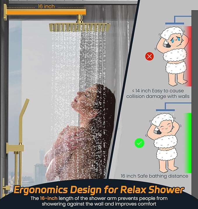SR SUN RISE 12 Inches Bathroom Luxury Rain Mixer Shower Combo Set Wall Mounted Rainfall Shower Head System Brushed Nickel Finish Shower Faucet Rough-In (12 Inch, Brushed Gold)