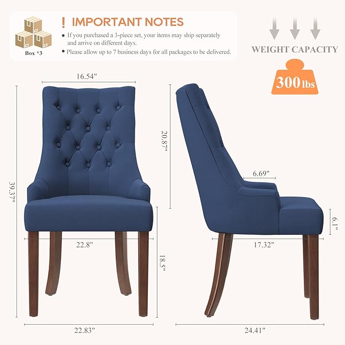COLAMY Wingback Upholstered Side Dining Room Chairs Set of 6, Fabric Dining Chairs with Tufted Button, Living Room Chairs for Home Kitchen, Blue