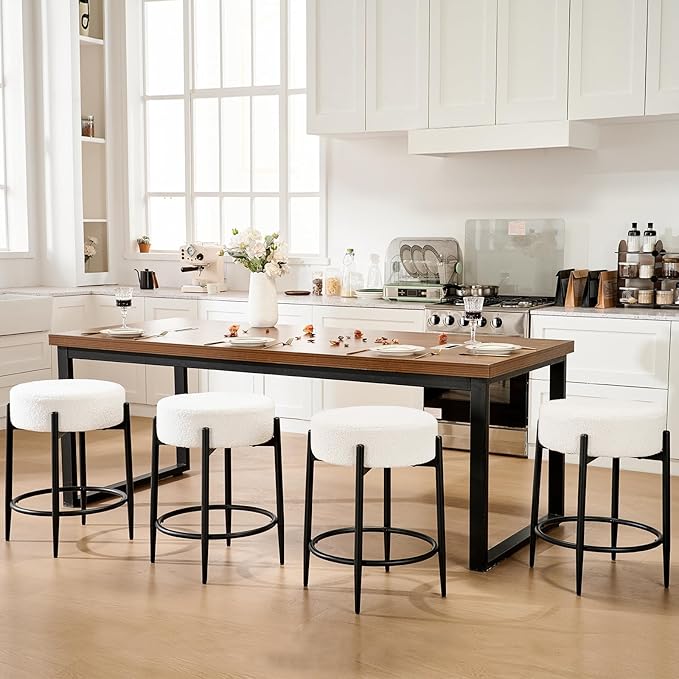 Dining Room Chairs Set of 6, 23.6" Sherpa Backless White Boucle Dining Chair with Black Metal Legs, Mid Century Modern Living Room Round Upholstered Chairs