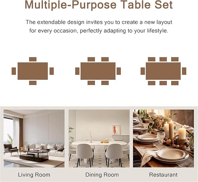 7-Piece Dining Table Set, 63" Extendable Kitchen Room Table with 6 Stools, Mid Century Modern Dinner Table with Metal Frame & MDF Board, Space-Saving, Easy Assembly, Espresso