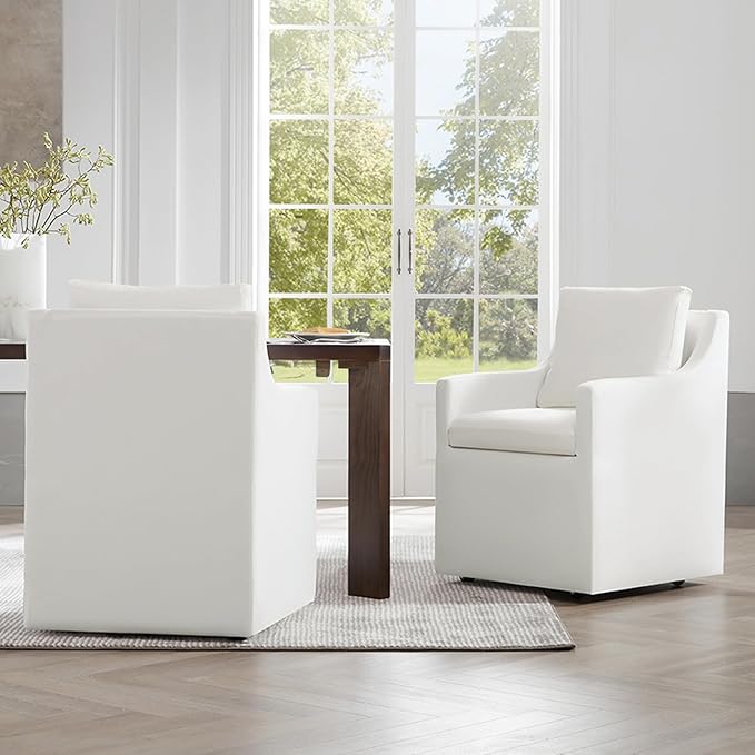 Upholstered Dining Chairs with Casters Washable Cover Side Deskchair with Rollers for Diningroom, Living Room, Cream, 4 Box