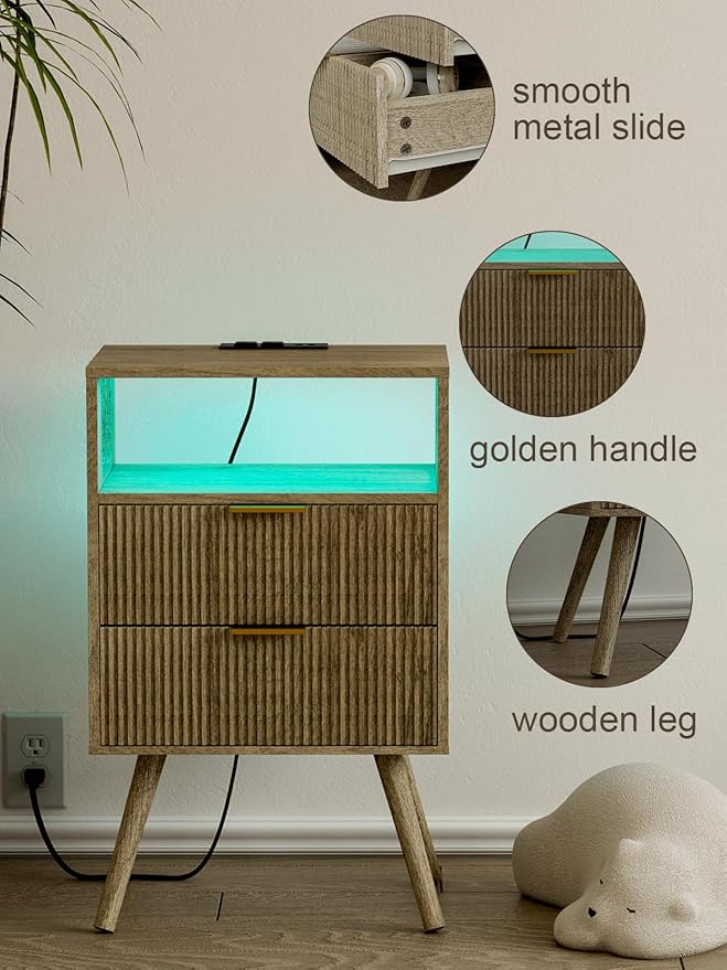 Nightstand, Modern Bedside Table with 2 Storage Drawer and Open Wood Shelf for Bedroom and Small Spaces, Night Stand with Solid Wood Legs (Grey Oak-Outlet)