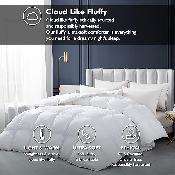 Luxurious White Solid Heavy Weight, Queen Size Goose Feathers Down Comforter for Winter Weather Duvet Insert, Premium Baffle Box, 100% Egyptian Cotton Cover, 65 oz. Fill Weight