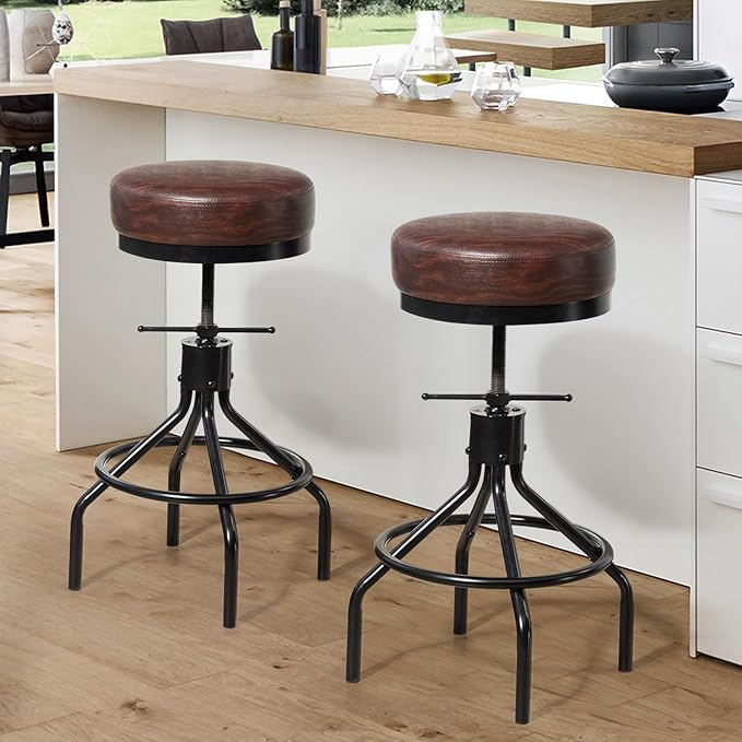 Counter Height Bar Stools Set of 3 Adjustable Swivel Barstools Industrial Modern PU Leather 28inch Round Backless Counter Height Stool Metal Bar Chair for Kitchen Island (3, Walnut)