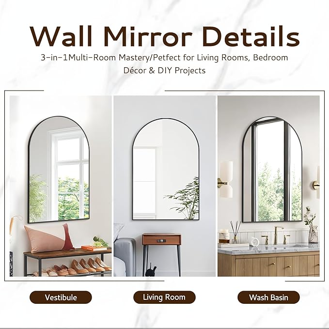 Arched Wall Mirror 24"X36", Black Bathroom Vanity Mirrors for Over Sink, Modern Farmhouse Mirror Wall Mounted, Curved Arch Design for Bedroom, Living Room & Home Decor