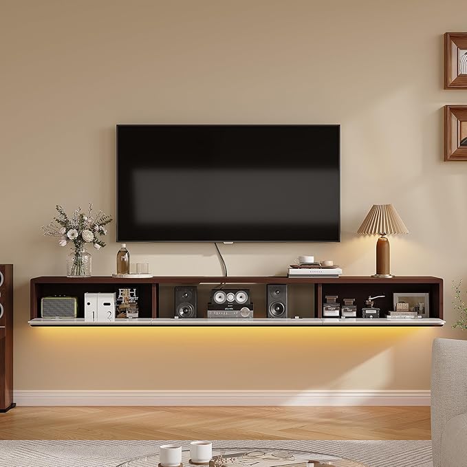 Floating TV Stand High Gloss,70'' Wall-Mounted TV Cabinet,Floating TV Console,Under TV Shelf with 3 Doors for Living Room Bedroom(Walnut+White)