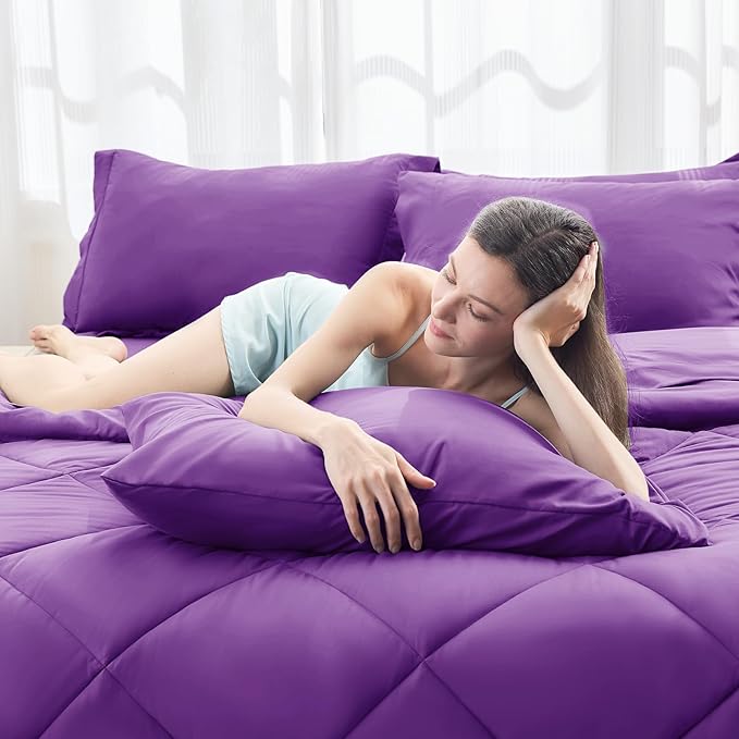 HEVUMYI Purple King Comforter Set - 7-Piece All Season Bed in a Bag King, Ultra Soft Bedding Set with Comforter, Flat Sheet, Fitted Sheet, Pillowcases, Pillow Shams