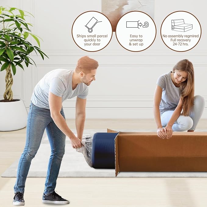 Folding Sofa Bed with Pillow Memory Foam Convertible Sleeper Chair Bed Couch Futon Lazy for Living Room/Home Office/Guest Beds/Apartment/Upstairs Loft,Single Size,Dark Blue