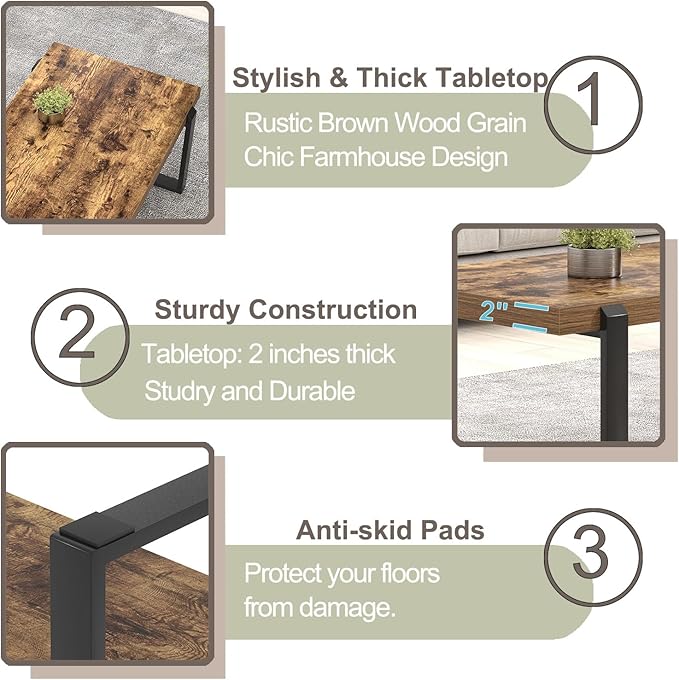 FOLUBAN Coffee Table, Modern Rustic Wood and Metal Center Table, Industrial Rectangle Cocktail Tea Table for Living Room, Brown, 47 Inch
