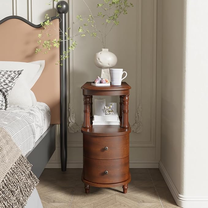 2 Set of Wood End Table with 2 Drawers and Storage Shelf, Narrow Sofa Side Table for Living Room, Vintage Slim Nightstand Bedside Table for Bedroom, Slim Chair Side Table Cherry Walnut A508CY