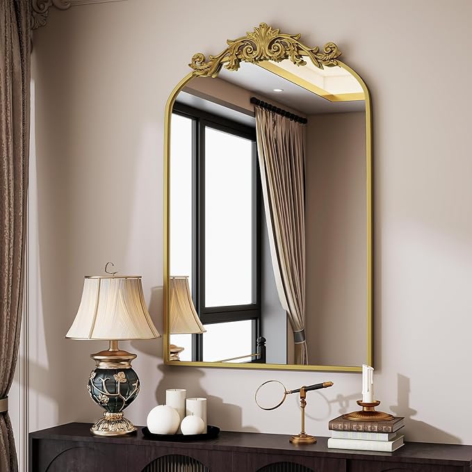 Vintage Arched Wall Mirror, 26x38 inch Retro Arch Bathroom Mirror, Carve Pattern Top Wall Mounted Vanity Mirror with Metal Frame, Bathroom Mirror Hanging or Leaning, Gold