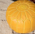 Stuffed Round Design Moroccan Leather Pouf Ottoman, Handmade, Pre-Filled, 100% Genuine Leather, 13” Height x 20” Diameter, Footstool & Living Room Décor (Mustard)