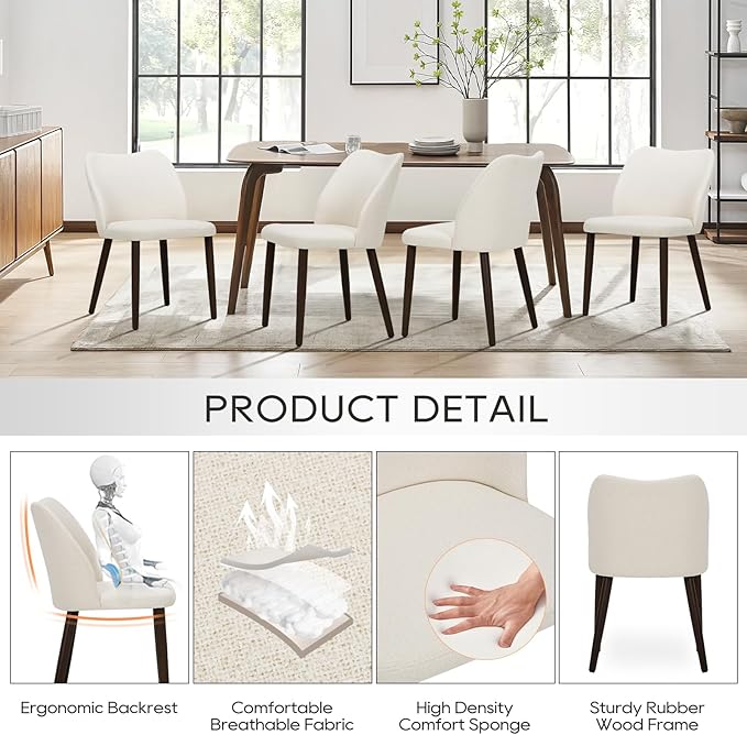 COLAMY Upholstered Dining Chairs Set of 6, Modern Fabric Dining Room Kitchen Side Chair with Padded Seat and Wood Legs for Restaurant/Cafe, Beige