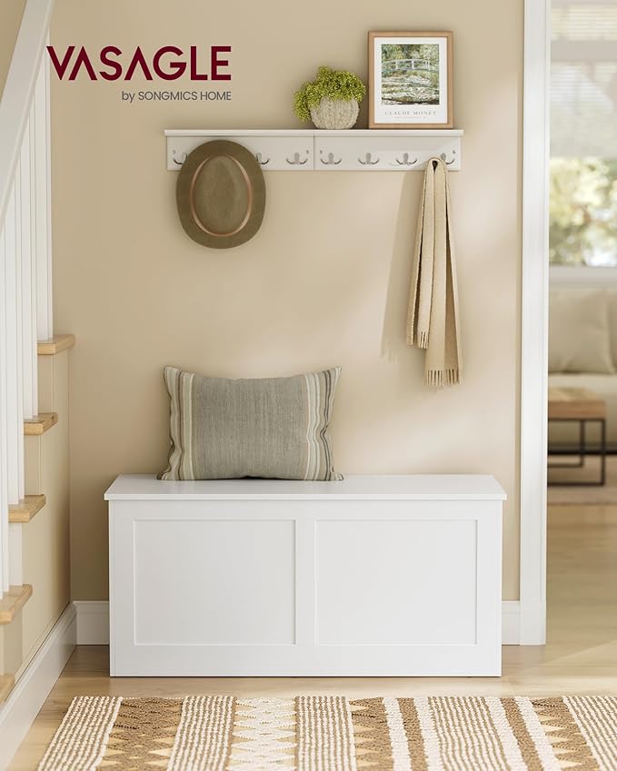 VASAGLE Storage Chest, Storage Trunk with 2 Safety Hinges, Storage Bench, Shoe Bench, Farmhouse Style, 15.7 x 39.4 x 18.3 Inches, for Entryway, Bedroom, Living Room, Cloud White ULSB164W01