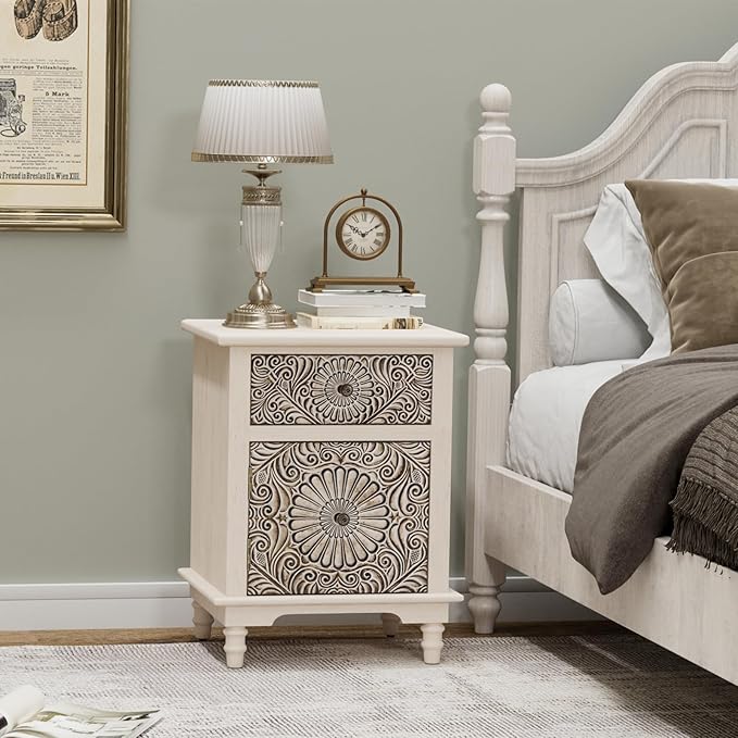 COSIEST Bedside Table Set of 2, Wood Nightstand, Farmhouse End Table with Storage, Nightstand with Drawers for Bedroom, Living Room