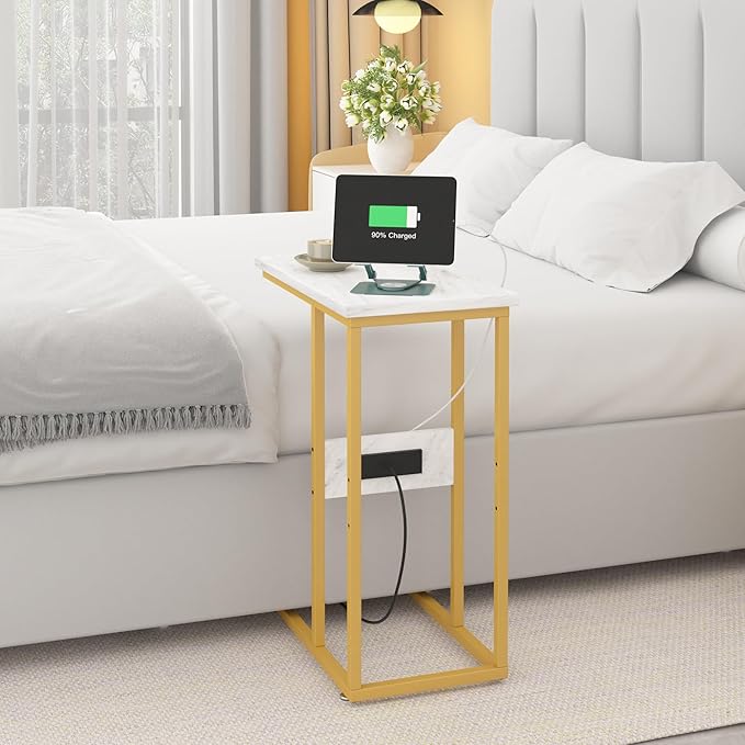 VECELO C Shaped End Side Table with Charging Station & Power Outlets for Couch Sofa/Bed Snack TV Tray with Metal Frame for Living Room Bedroom 2 Set, Gold