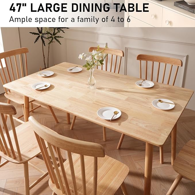 BAKEVE Dining Table for 4-6 Person- 47.2'' Solid Wood Kitchen Table, Mid Century Modern Desk, Farmhouse Rectangular Dining Room Table for Living Room, Office, Kitchen and Study (Natural)