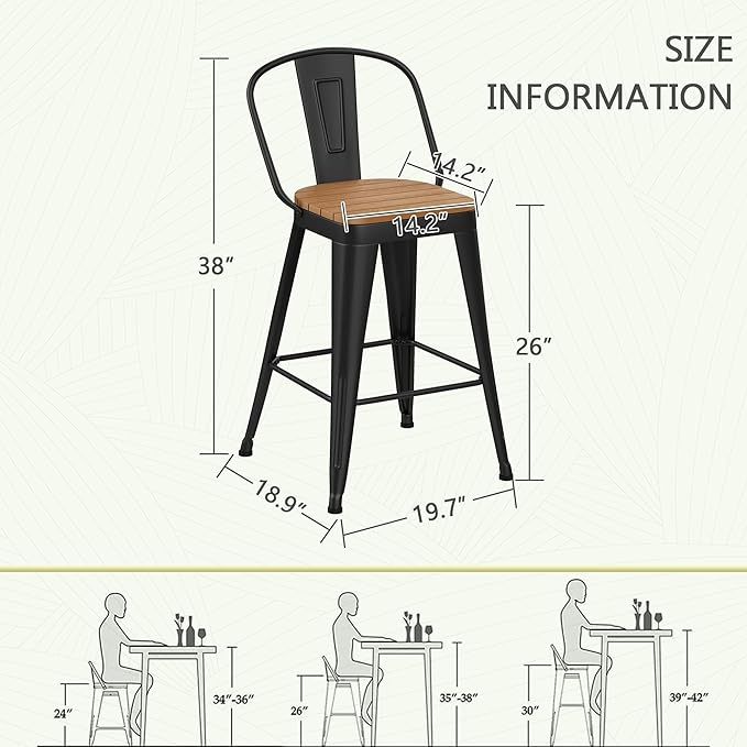 Outdoor Metal Bar Stools Set of 4,26 inch Barstools Counter Height Bar Stool with High Back Farmhouse Kitchen Dining Chairs Bar Funiture for Outside