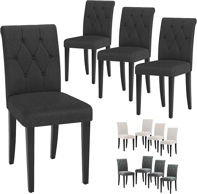 Upholstered Dining Chairs Set of 2, Button Tufted Parsons Dining Chair with Solid Wood Legs, Modern Fabric Side Chair for Dining Room/Kitchen/Restaurant/Hotel- Black