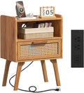 Lerliuo Rattan Nightstand with Charging Station, Side Table with Drawer, Cane Accent Bedside End Table with Solid Wood Legs, Night Stand for Bedroom, Dorm and Small Spaces (Tea Brown)