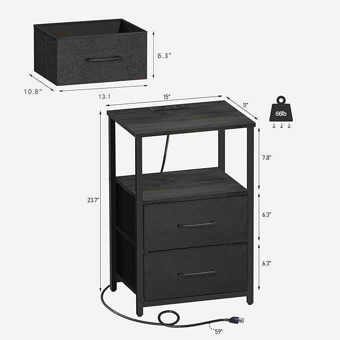 TUTOTAK End Table with Charging Station, Side Table with 2 USB Ports and Outlets, Nightstand with Cloth Drawer, Set of 2, Couch Table, Charcoal Grey TB01BY052