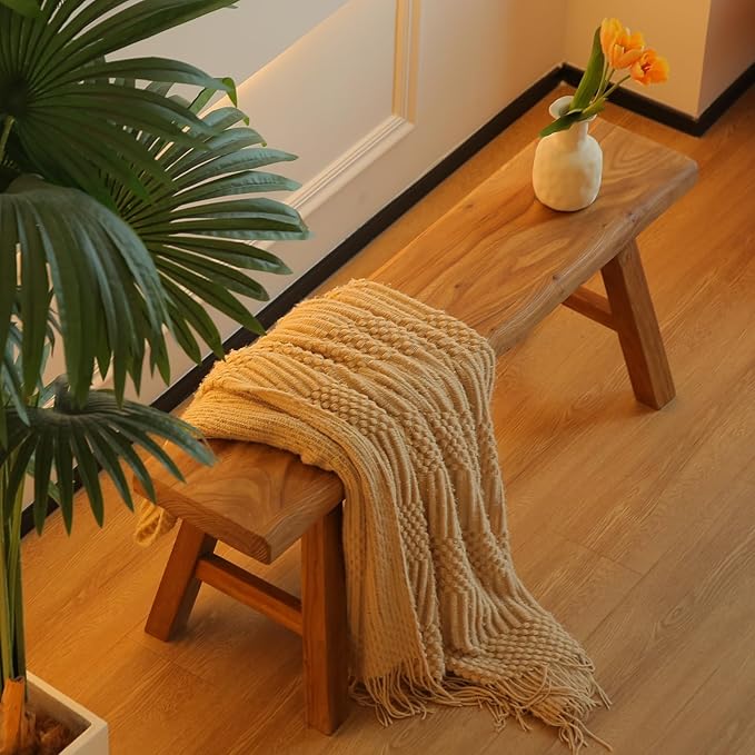 55.1in Wood Bench Indoor – Rustic Farmhouse Entryway Bench, Skinny Bench Design, Made of Extra-Thick Solid Wood, Perfect for Dining Room, Hallway, or End of Bed