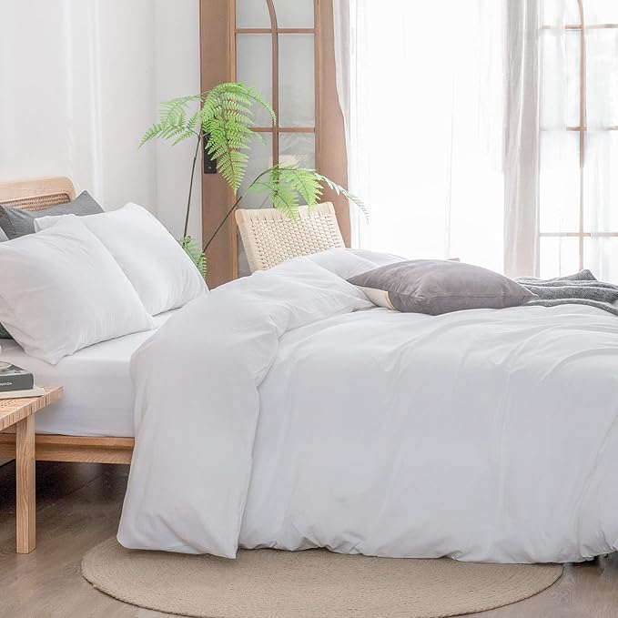 BESTOUCH Duvet Cover Set 100% Washed Cotton Linen Feel Super Soft Comfortable Chic Lightweight 3 PCs Home Bedding Set Solid Bright White Oversized King