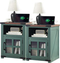 Farmhouse Nightstand with Charging Station, Rustic End Table with Tempered Glass Barn Door, Wood Sofa Side Bedside Table with Open Storage Shelf for Living Room, Bedroom, Green, 2 Pack