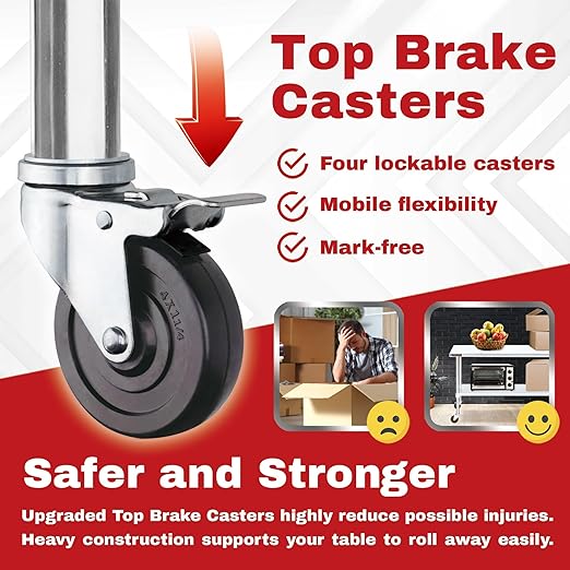 DuraSteel Stainless Steel Work Table 24" x 48" x 34" Height w/ 4 Caster Wheels - Food Prep Commercial Grade Worktable - NSF Certified - Good for Restaurant, Business, Warehouse, Home, Kitchen, Garage
