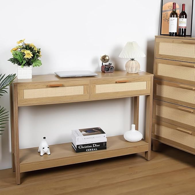Console Table with Rattan Drawers Boho Entryway Table Narrow Long Sofa Table for Entrance, Hallway, Living Room, Couch