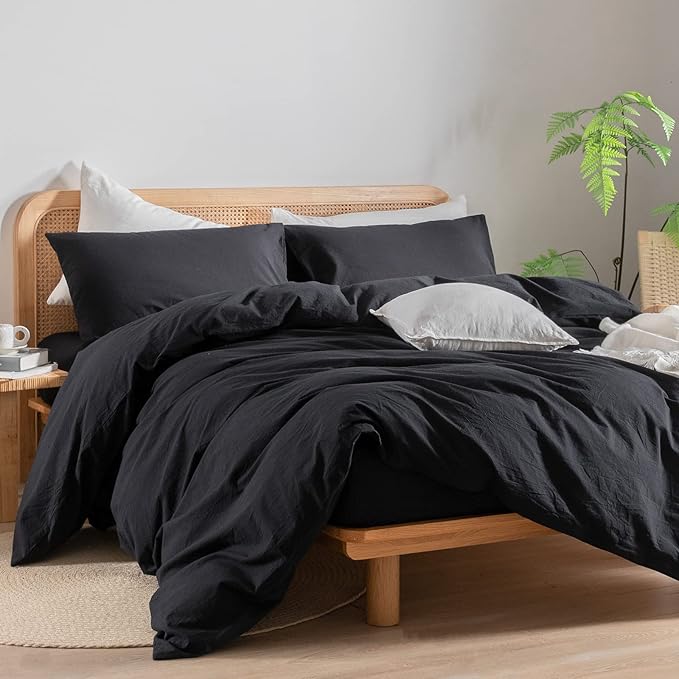 BESTOUCH Duvet Cover Set 100% Washed Cotton Linen Feel Super Soft Comfortable Chic Lightweight 3 PCs Home Bedding Set Solid Deep Black Queen