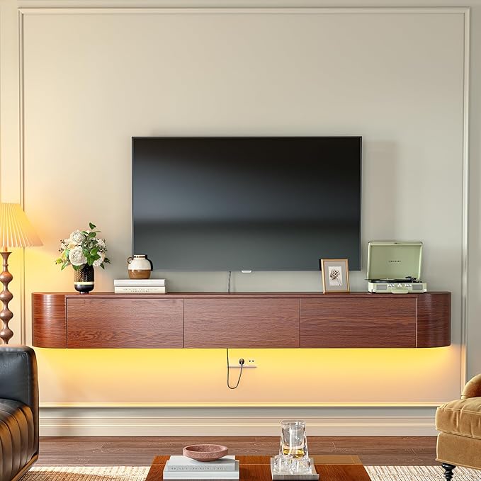 Fully Assembled Floating TV Stand with Drawers, 70IN Vintage Wall Mounted Entertainment Center, Minimalist Large Storage Console Under TV, Solid Wood Media Shelf for Living Room, Bedroom