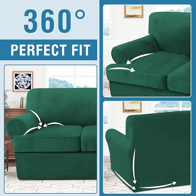 H.VERSAILTEX Sofa Cover 3 Piece T Cushion Loveseat Slipcovers Thick Velvet Couch Cover Stretch T Cushion Sofa Covers for 2 Cushion Couch with 2 Individual T Cushion Covers, Vintage Green