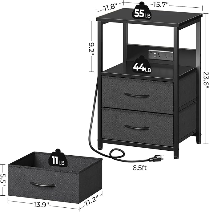 Seventable Nightstand Set of 2 with Charging Station, Bedside Table with LED Lights, Night Stand with 2 Fabric Drawers, 3-Tier Storage End Table for Bedroom, Black