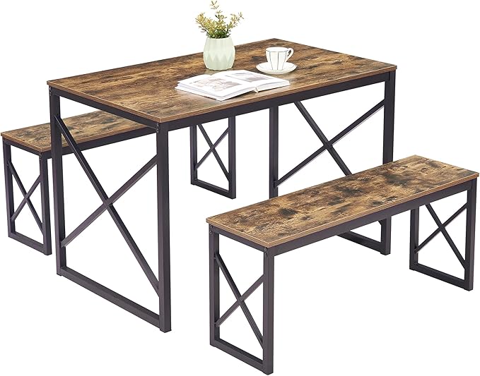 VECELO Kitchen Table with 2 Benches for 4, Wood Dining Room Dinette Sets with Metal Frame for Breakfast Nook and Small Space, Brown