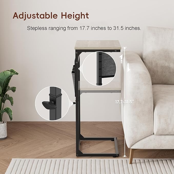 Vagusicc C Shaped End Table, 33'' Tall Side Table for Couch, Adjustable Height Small Couch Side Table for Small Spaces, C Table Slide Under Sofa Table TV Tray Arm Table for Living Room, Bedroom, Grey