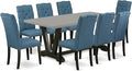 East West Furniture V697EL121-9 9 Piece Dining Room Table Set Includes a Rectangle Kitchen Table with V-Legs and 8 Blue Linen Fabric Parson Dining Chairs, 40x72 Inch, Multi-Color