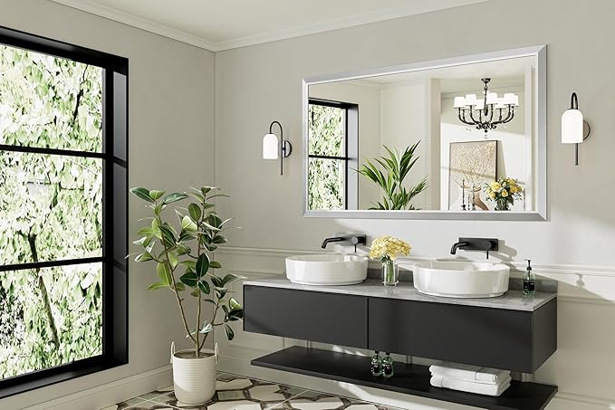 60x36 Inch Silver Bathroom Mirror for Wall, Thick Metal Framed Rectangle Mirrors for Over Sink, Bedroom, Living Room, Entryway, Anti-Rust, HD Tempered Glass